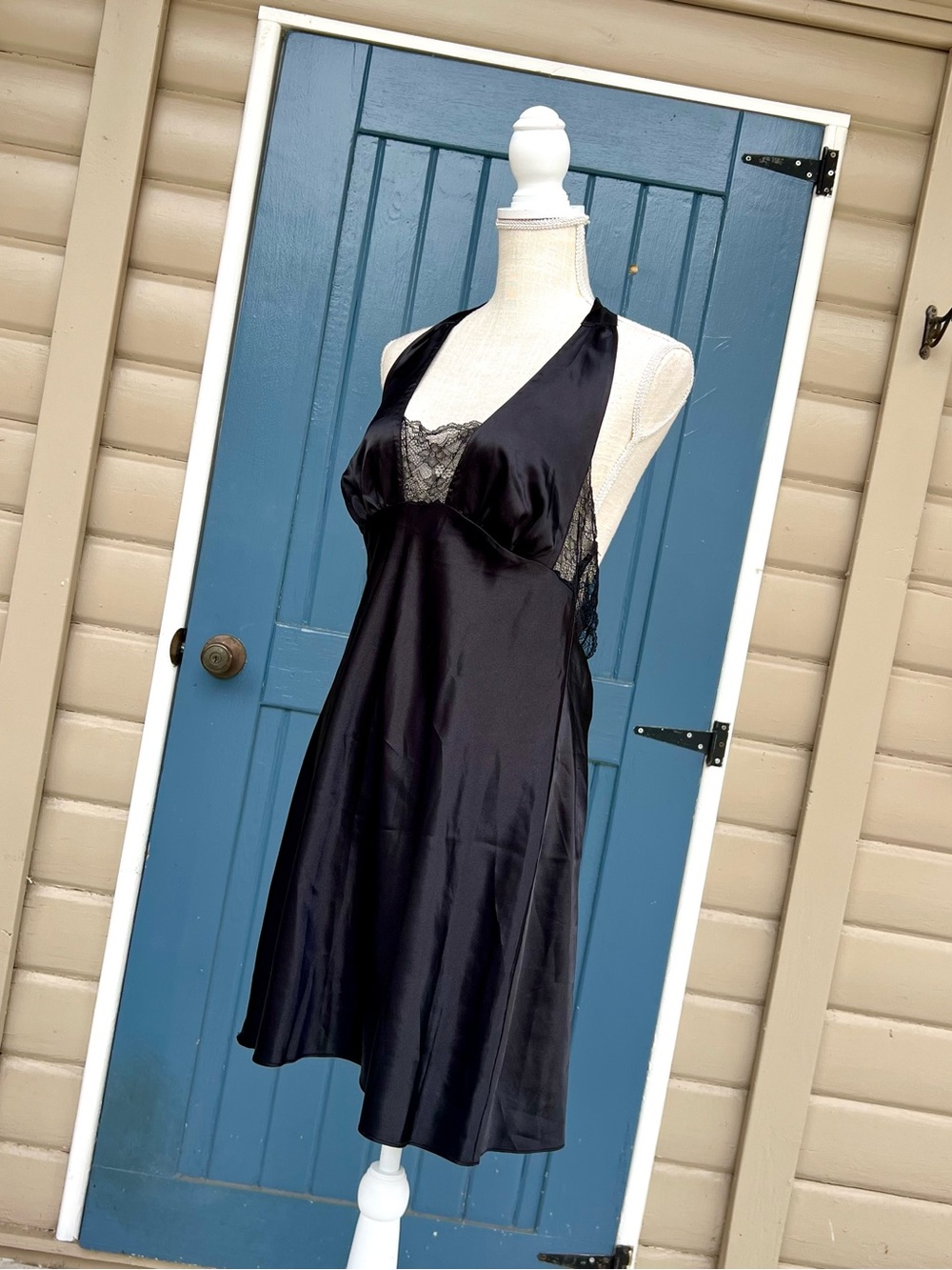 Vintage Frederick's of Hollywood Black Satin Halter Slip Dress Mini Lace Bust XL